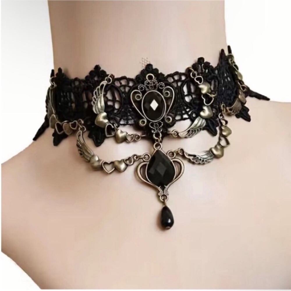 black gothic lace choker necklace wing charms, heart central black stone drop